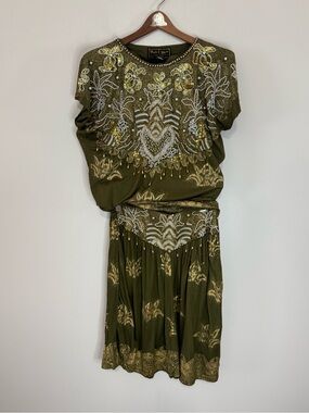 Bali Chic Vintage Boho Beaded Olive Green Two-Piece short Set size 12
